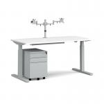 Elev8 Mono straight sit-stand desk 1600mm - silver frame and white top with matching double monitor arm and steel pedestal and cable tray