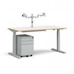 Elev8 Mono straight sit-stand desk 1600mm - silver frame, white top with oak edge with matching double monitor arm, steel pedestal and cable tray COMBEV1-S-WO