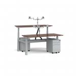 Elev8 Mono sit-stand back-to-back desks 1600mm - silver frame/walnut top with matching double monitor arms/steel pedestals and cable channel/chains