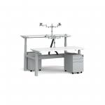 Elev8 Mono sit-stand back-to-back desks 1600mm - silver frame/white top with matching double monitor arms/steel pedestals and cable channel/chains