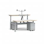 Elev8 Mono sit-stand back-to-back desks 1600mm - silver frame/white top/oak edge and double monitor arms/steel pedestals/cable channel and chains