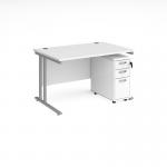 Maestro 25 straight desk 1200mm x 800mm with silver cantilever leg frame and tall slimline 3 drawer mobile pedestal - white COMBO-H01