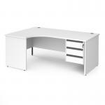Contract 25 left hand ergonomic desk with 3 drawer graphite pedestal and panel leg 1800mm - white