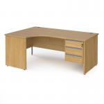 Contract 25 left hand ergonomic desk with 3 drawer silver pedestal and panel leg 1800mm - oak CP18EL3-S-O