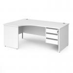 Contract 25 left hand ergonomic desk with 3 drawer silver pedestal and panel leg 1800mm - white