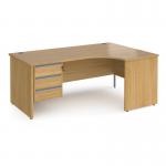 Contract 25 right hand ergonomic desk with 3 drawer silver pedestal and panel leg 1800mm - oak CP18ER3-S-O