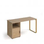 Cairo straight desk 1400mm x 600mm with sleigh frame leg and support pedestal with cupboard door - brass frame, oak finish with oak door CR614P-C-KO-KO