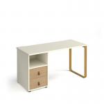 Cairo straight desk 1400mm x 600mm with sleigh frame leg and support pedestal with drawers - brass frame and white finish with oak drawers