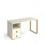 Cairo straight desk 1400mm x 600mm with sleigh frame leg and support pedestal with drawers - brass frame, white finish with white drawers CR614P-D-WH-WH