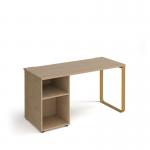 Cairo straight desk 1400mm x 600mm with sleigh frame leg and support pedestal - brass frame, oak top CR614P-KO