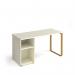 Cairo straight desk 1400mm x 600mm with sleigh frame leg and support pedestal - brass frame, white top CR614P-WH