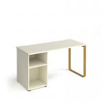 Cairo straight desk 1400mm x 600mm with sleigh frame leg and support pedestal - brass frame and white top