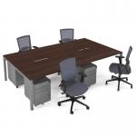 Connex II starter kit for 4 people, comprising of walnut desk, silver frame, silver metal pedestal and Travis mesh chairs in black CSTR-S-W