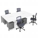 Connex II starter kit for 4 people, comprising of white desk, silver frame, silver metal pedestal and Travis mesh chairs in black CSTR-S-WH