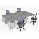 Connex II starter kit for 4 people, comprising of grey oak desk, white frame, white metal pedestal and Travis mesh chairs in black CSTR-WH-GO