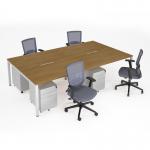 Connex II starter kit for 4 people, comprising of oak desk, white frame, white metal pedestal and Travis mesh chairs in black CSTR-WH-O