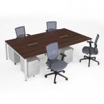 Connex II starter kit for 4 people, comprising of walnut desk, white frame, white metal pedestal and Travis mesh chairs in black CSTR-WH-W