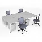 Connex II starter kit for 4 people, comprising of white desk, white frame, white metal pedestal and Travis mesh chairs in black CSTR-WH-WH