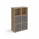 This picture features a tall, 1295mm high Dams Cube Units Universal cube storage unit with a combination of 2 cupboards and 2 sets of drawers. The unit has a sturdy oak frame with sleek grey inserts and is mounted on smooth glides for easy movement.