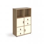 Universal cube storage unit 1295mm high on glides with 2 cupboards and 2 sets of drawers - oak with white inserts