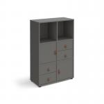 The Dams Cube Units Universal cube storage unit stands at 1295mm high and features 2 cupboards and 2 sets of drawers, all on glides. Its elegant grey design is enhanced by grey inserts, creating a sleek and modern look. Perfect for organizing and storing items in any room.