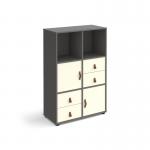 Universal cube storage unit 1295mm high on glides with 2 cupboards and 2 sets of drawers - grey with white inserts