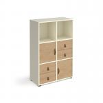 The Dams Cube Units Universal storage unit features a modern design with clean lines, finished in white with sleek oak accents. It stands at 1295mm tall and is equipped with 2 cupboards and 2 sets of drawers, providing ample storage options. The unit is also equipped with glides for easy mobility.