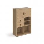 Universal cube storage unit 1295mm high on glides with matching shelf and 2 cupboards and drawers - oak with oak inserts