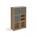 Universal cube storage unit 1295mm high on glides with matching shelf and 2 cupboards and drawers - oak with grey inserts