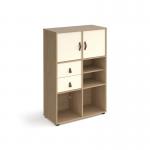 Universal cube storage unit 1295mm high on glides with matching shelf, 2 cupboards and drawers - oak with white inserts CUBE-BUNDLE-11-KO-WH