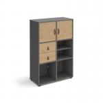 Universal cube storage unit 1295mm high on glides with matching shelf, 2 cupboards and drawers - grey with oak inserts CUBE-BUNDLE-11-OG-KO