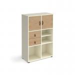 Universal cube storage unit 1295mm high on glides with matching shelf and 2 cupboards and drawers - white with oak inserts