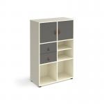 Universal cube storage unit 1295mm high on glides with matching shelf and 2 cupboards and drawers - white with grey inserts