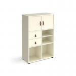 Universal cube storage unit 1295mm high on glides with matching shelf and 2 cupboards and drawers - white with white inserts