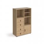 The Dams Cube Units Universal cube storage unit stands at a height of 1295mm and comes on glides. It features a matching shelf, cupboard, and 2 sets of drawers, all in a classic oak finish with oak inserts. This bundle offers ample storage and a sleek, modern look to any room.