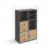 Universal cube storage unit 1295mm high on glides with matching shelf, cupboard and 2 sets of drawers - grey with oak inserts CUBE-BUNDLE-12-OG-KO