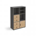 Universal cube storage unit 1295mm high on glides with matching shelf, cupboard and 2 sets of drawers - grey with oak inserts CUBE-BUNDLE-12-OG-KO