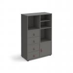 The Dams Cube Units Universal cube storage unit stands at 1295mm high and features glides for easy movement. This unit also comes with a matching shelf, cupboard, and two sets of drawers. The sleek grey design with grey inserts adds a modern touch to any space.