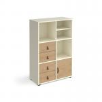 Universal cube storage unit 1295mm high on glides with matching shelf and cupboard and 2 sets of drawers - white with oak inserts
