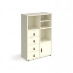 The image shows a sleek and modern Dams Cube Units Universal cube storage unit, standing 1295mm high and resting on glides for easy movement. Accompanied by a matching shelf, cupboard, and 2 sets of drawers, all in a crisp white color with white inserts. This CUBE-BUNDLE-12-WH-WH is perfect for organizing any space.