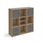 Universal cube storage unit 1295mm high on glides with matching shelf and 2 cupboards and 2 sets of drawers - oak with grey inserts