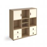 Universal cube storage unit 1295mm high on glides with matching shelf and 2 cupboards and 2 sets of drawers - oak with white inserts