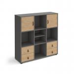 Universal cube storage unit 1295mm high on glides with matching shelf and 2 cupboards and 2 sets of drawers - grey with oak inserts