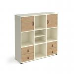 Universal cube storage unit 1295mm high on glides with matching shelf and 2 cupboards and 2 sets of drawers - white with oak inserts