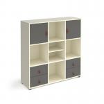 Universal cube storage unit 1295mm high on glides with matching shelf and 2 cupboards and 2 sets of drawers - white with grey inserts