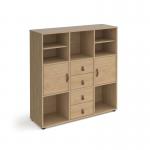 Universal cube storage unit 1295mm high on glides with 2 matching shelves and 2 cupboards and 2 sets of drawers - oak with oak inserts
