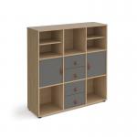 Universal cube storage unit 1295mm high on glides with 2 matching shelves and 2 cupboards and 2 sets of drawers - oak with grey inserts
