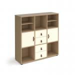 Universal cube storage unit 1295mm high on glides with 2 matching shelves and 2 cupboards and 2 sets of drawers - oak with white inserts