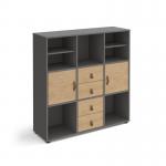 Universal cube storage unit 1295mm high on glides with 2 matching shelves and 2 cupboards and 2 sets of drawers - grey with oak inserts