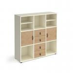 Universal cube storage unit 1295mm high on glides with 2 matching shelves and 2 cupboards and 2 sets of drawers - white with oak inserts